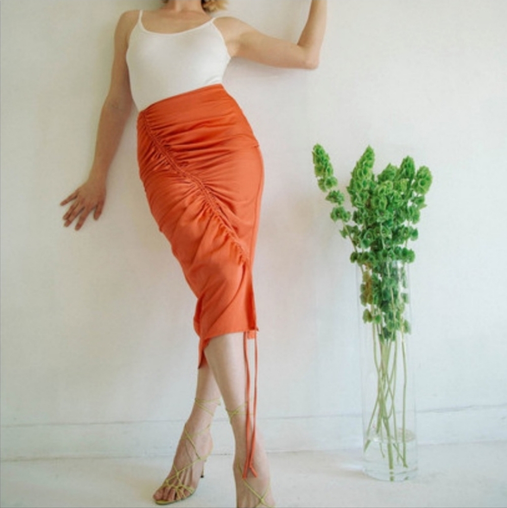 Line By K Sisilia Asymmetrical Drawcord Midi Skirt Orange Small